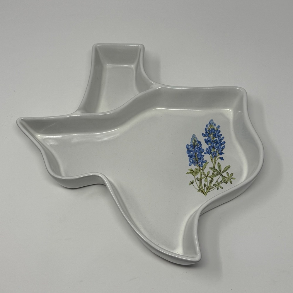 Frankoma USA Pottery Texas Shaped Bluebonnet Flower Serving Dish Chip And Dip